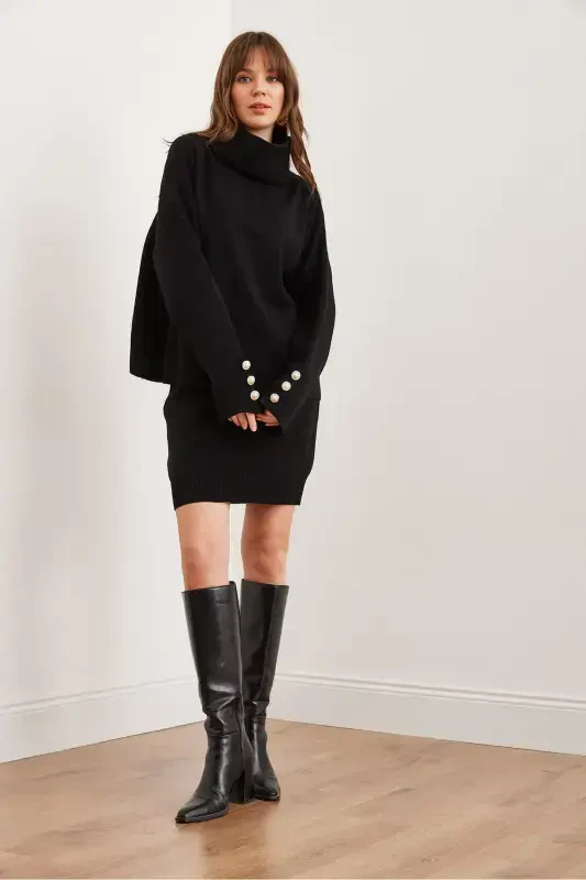 Woman Black Top Button Detailed Sweater Bottom Pleated Skirt Knitted Suit TKM-19000329-Black - 2