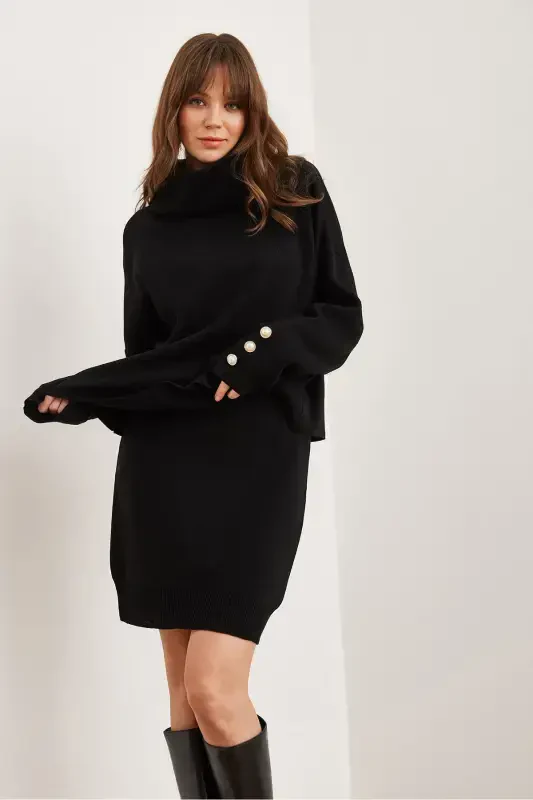 Woman Black Top Button Detailed Sweater Bottom Pleated Skirt Knitted Suit TKM-19000329-Black - 3