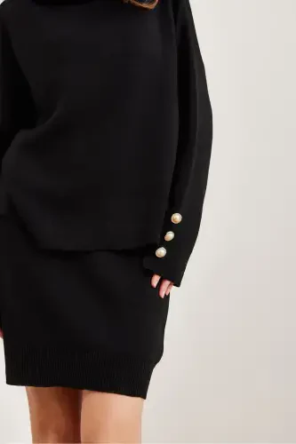Woman Black Top Button Detailed Sweater Bottom Pleated Skirt Knitted Suit TKM-19000329-Black - 5