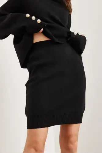 Woman Black Top Button Detailed Sweater Bottom Pleated Skirt Knitted Suit TKM-19000329-Black - 6