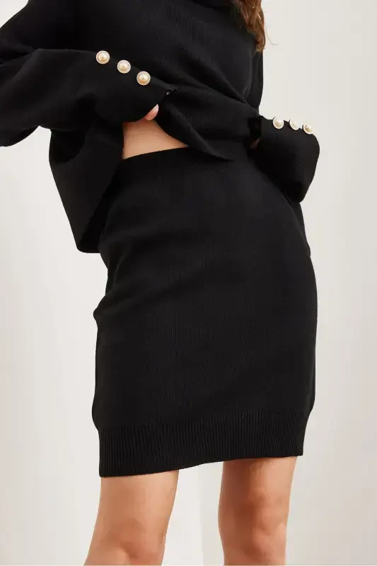 Woman Black Top Button Detailed Sweater Bottom Pleated Skirt Knitted Suit TKM-19000329-Black - 6