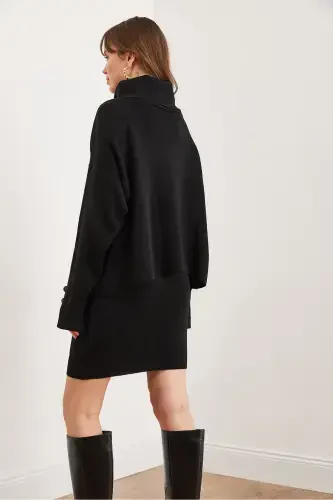 Woman Black Top Button Detailed Sweater Bottom Pleated Skirt Knitted Suit TKM-19000329-Black - 7