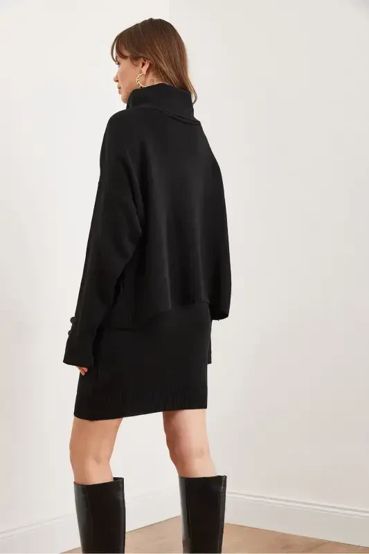 Woman Black Top Button Detailed Sweater Bottom Pleated Skirt Knitted Suit TKM-19000329-Black - 7