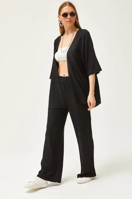 Women Black Top Kimono Bottom Pants Suit TKM-1900 - 1