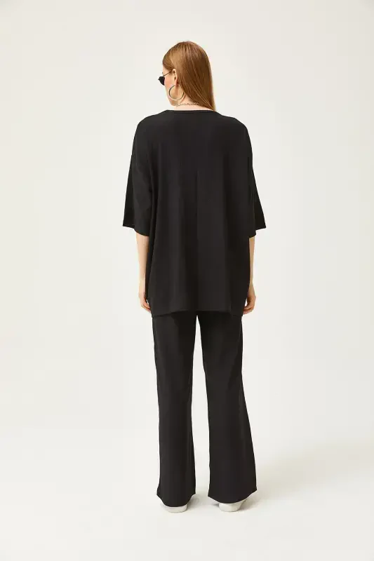 Women Black Top Kimono Bottom Pants Suit TKM-1900 - 5