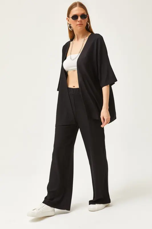 Women Black Top Kimono Bottom Pants Suit TKM-1900 - OLALOOK