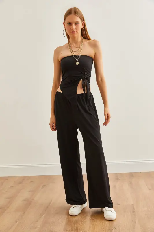 Woman Black Top Strapless Asymmetric Blouse Bottom Palazzo - 2
