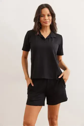 Woman Black Top Turtleneck Blouse Shorts With Bottom Pockets Kris - 2