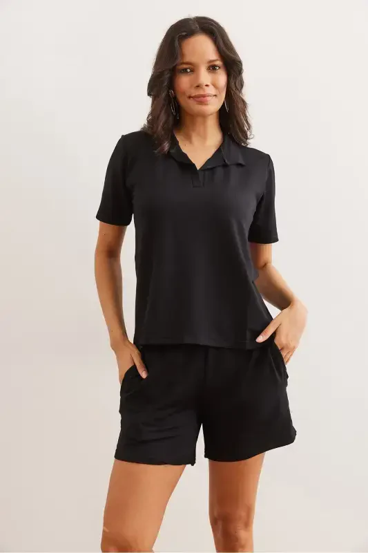 Woman Black Top Turtleneck Blouse Shorts With Bottom Pockets Kris - 2