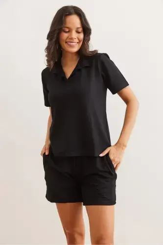 Woman Black Top Turtleneck Blouse Shorts With Bottom Pockets Kris - 3