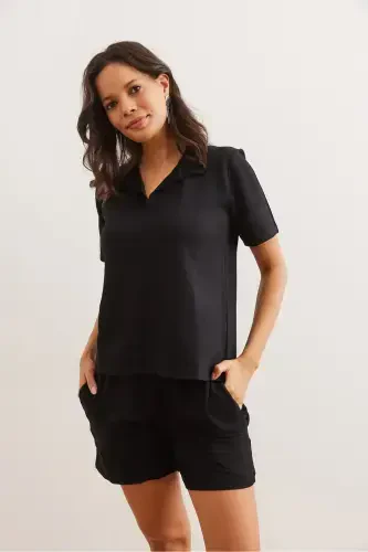 Woman Black Top Turtleneck Blouse Shorts With Bottom Pockets Kris - 5