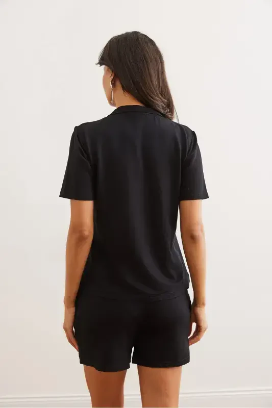 Woman Black Top Turtleneck Blouse Shorts With Bottom Pockets Kris - 7