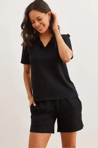 Woman Black Top Turtleneck Blouse Shorts With Bottom Pockets Kris - 1