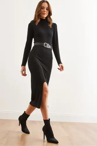 Woman Black Turtleneck Belted Slit Knitwear M - 3