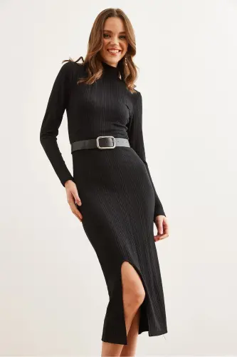 Woman Black Turtleneck Belted Slit Knitwear M - 5