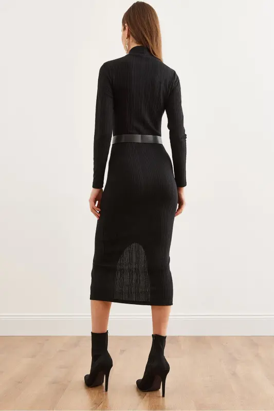 Woman Black Turtleneck Belted Slit Knitwear M - 7