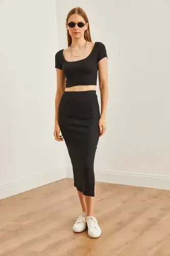 Woman Black Turtleneck Crop Blouse Slit Pencil S - OLALOOK (1)