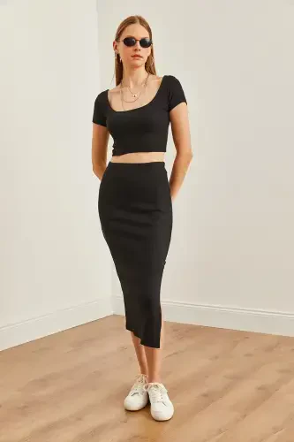 Woman Black Turtleneck Crop Blouse Slit Pencil S - 3
