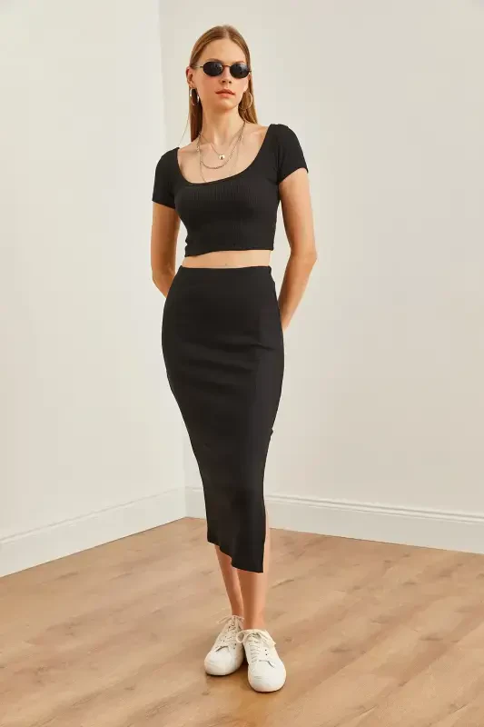 Woman Black Turtleneck Crop Blouse Slit Pencil S - 3