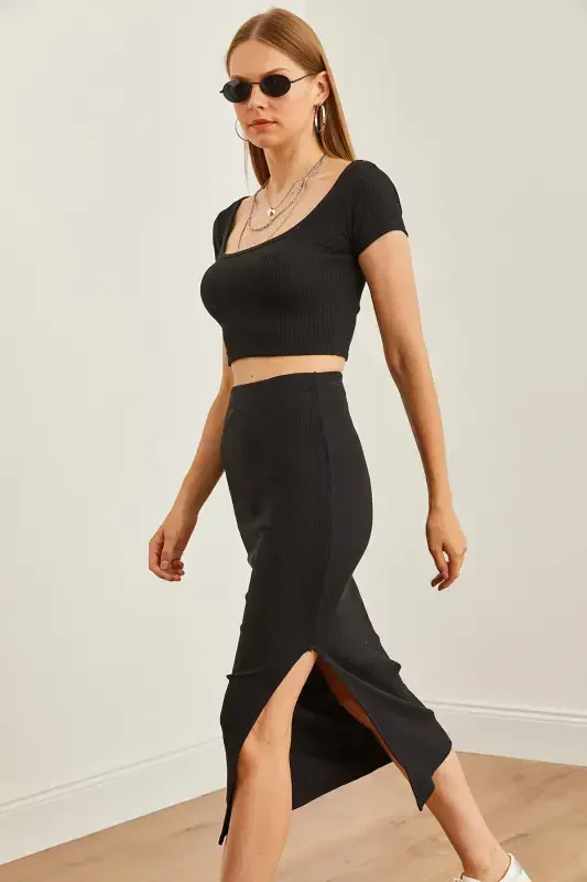 Woman Black Turtleneck Crop Blouse Slit Pencil S - 5