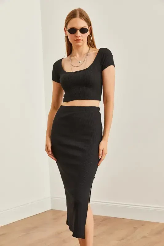 Woman Black Turtleneck Crop Blouse Slit Pencil S - 6