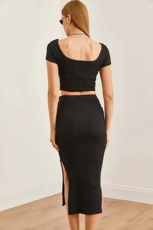 Woman Black Turtleneck Crop Blouse Slit Pencil S - 7