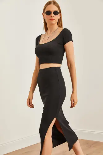 Woman Black Turtleneck Crop Blouse Slit Pencil S - 1