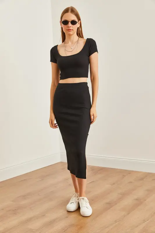 Woman Black Turtleneck Crop Blouse Slit Pencil S - 2