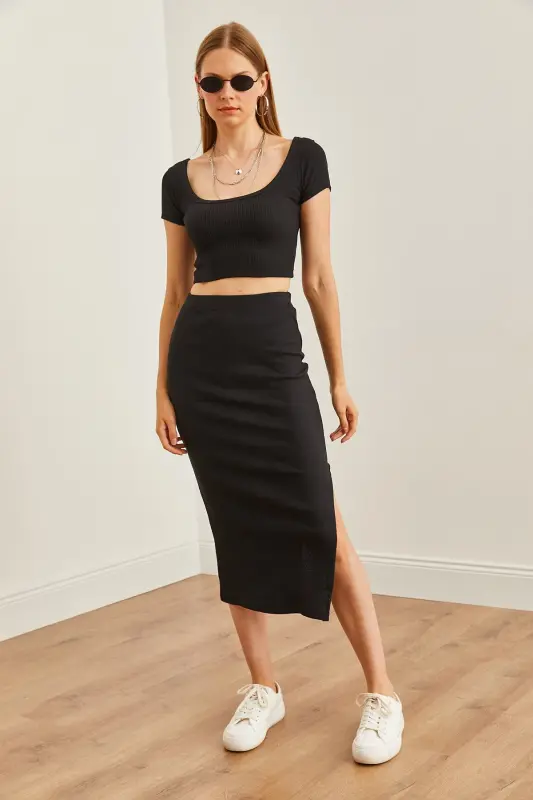 Woman Black Turtleneck Crop Blouse Slit Pencil S - 4