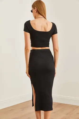 Woman Black Turtleneck Crop Blouse Slit Pencil S - 7