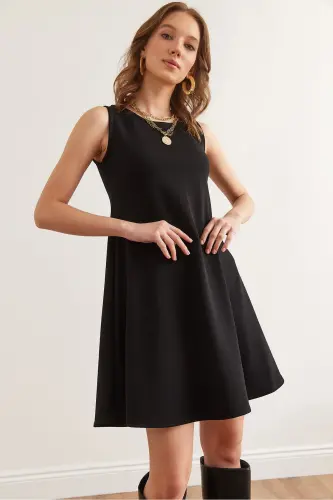 Woman Black Turtleneck Flared Knitted Crepe Dress EL 