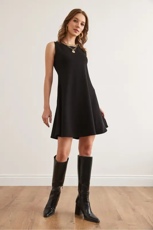 Woman Black Turtleneck Flared Knitted Crepe Dress EL - 3