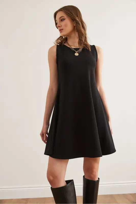 Woman Black Turtleneck Flared Knitted Crepe Dress EL - 4