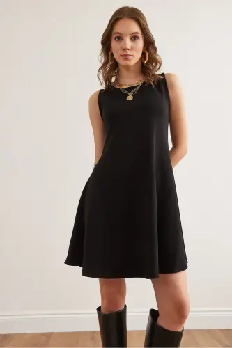 Woman Black Turtleneck Flared Knitted Crepe Dress EL - 5