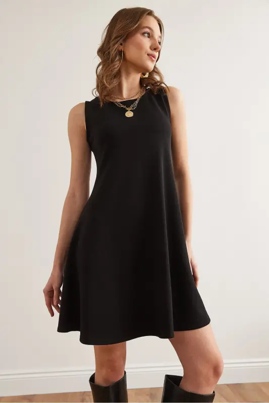 Woman Black Turtleneck Flared Knitted Crepe Dress EL - 6
