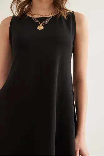 Woman Black Turtleneck Flared Knitted Crepe Dress EL - 7