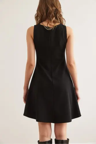 Woman Black Turtleneck Flared Knitted Crepe Dress EL - 8