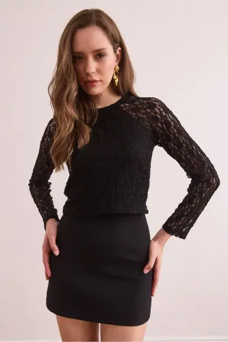 Woman Black Turtleneck Flexible Lace Blouse BLZ-19 - 3