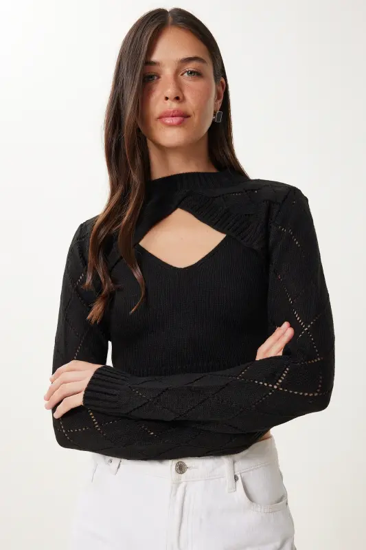 Woman Black Turtleneck Knit Tank Crop Set MT00153-Black - HAPPINESS İSTANBUL