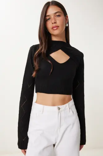 Woman Black Turtleneck Knit Tank Crop Set MT00153-Black - HAPPINESS İSTANBUL (1)