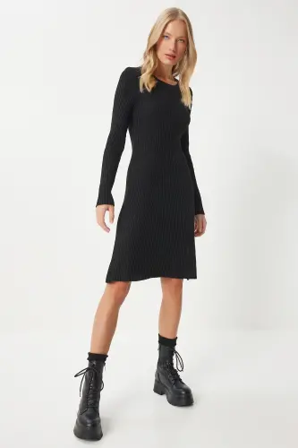Woman Black Turtleneck Ribbed Knit Dress MX00172-Black - 1