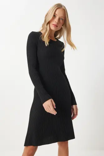 Woman Black Turtleneck Ribbed Knit Dress MX00172-Black - 6
