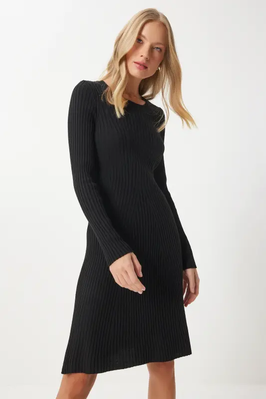 Woman Black Turtleneck Ribbed Knit Dress MX00172-Black - 6