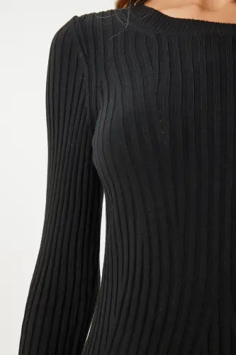 Woman Black Turtleneck Ribbed Knit Dress MX00172-Black - 7