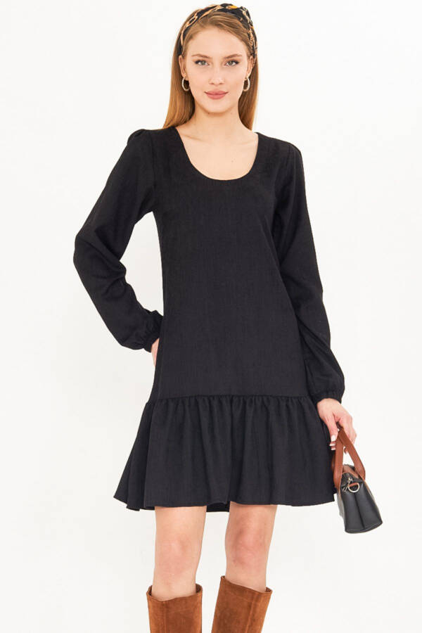 Woman Black U Neck Ruffled Hem Elastic Sleeves - 8