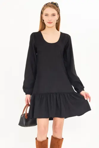 Woman Black U Neck Ruffled Hem Elastic Sleeves - ARMONIKA (1)