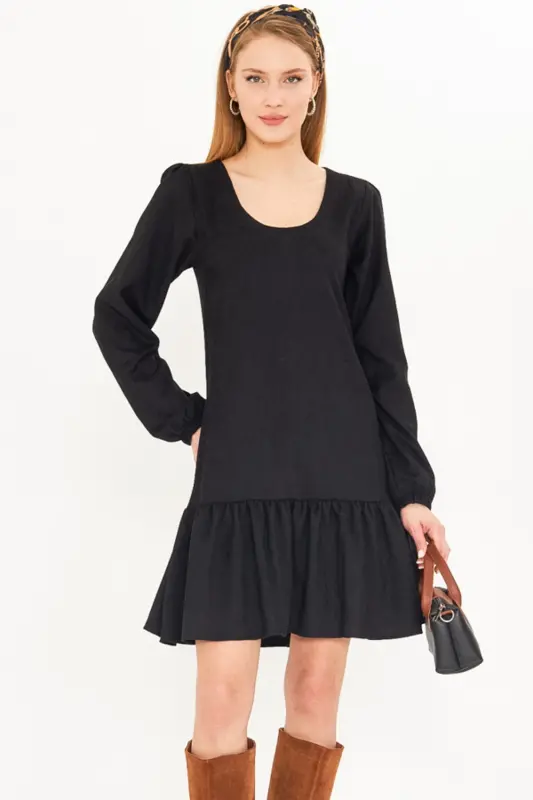 Woman Black U Neck Ruffled Hem Elastic Sleeves - 4