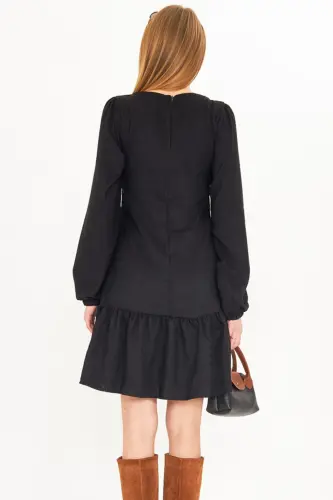 Woman Black U Neck Ruffled Hem Elastic Sleeves - 5