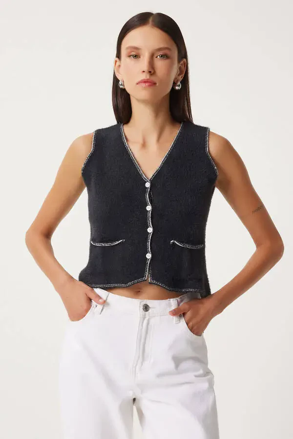 Woman Black V-Neck Bearded Knit Vest YY00219 - 2