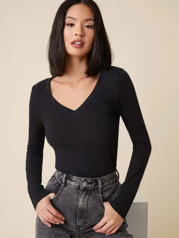 Woman Black V Neck Long Sleeve Blouse - 1